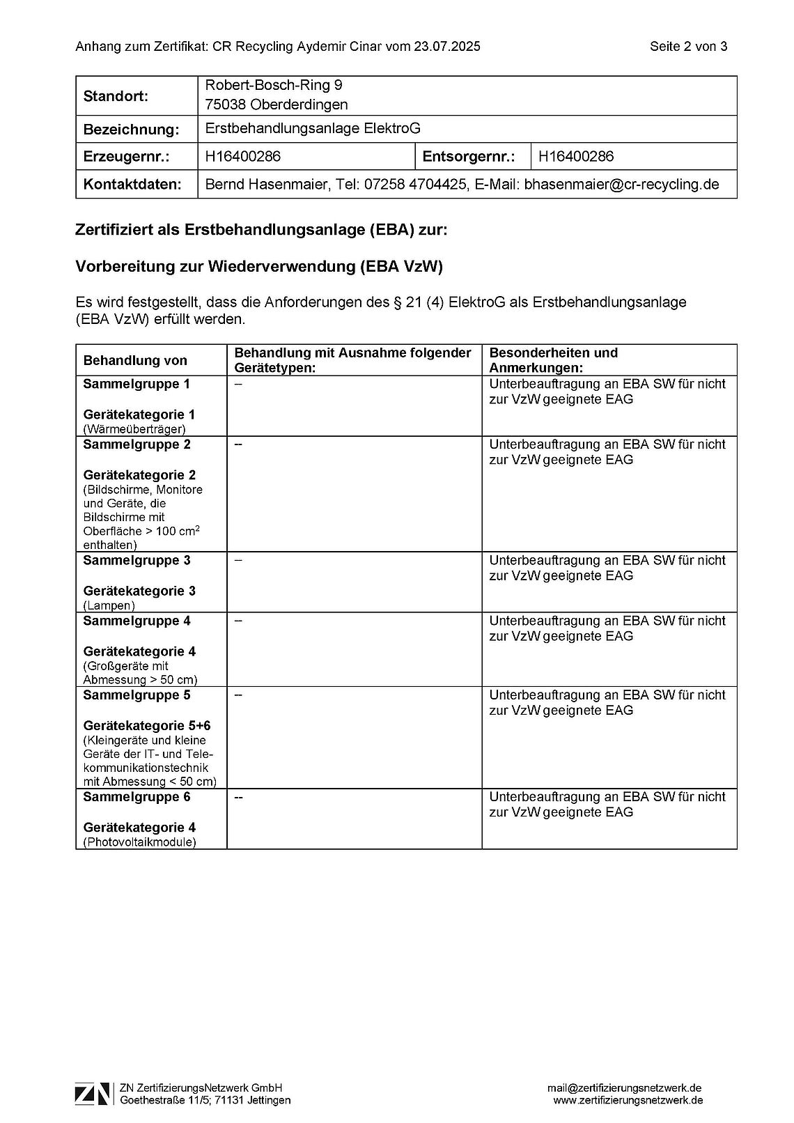 Anlage zum ElektroG Zertifikat