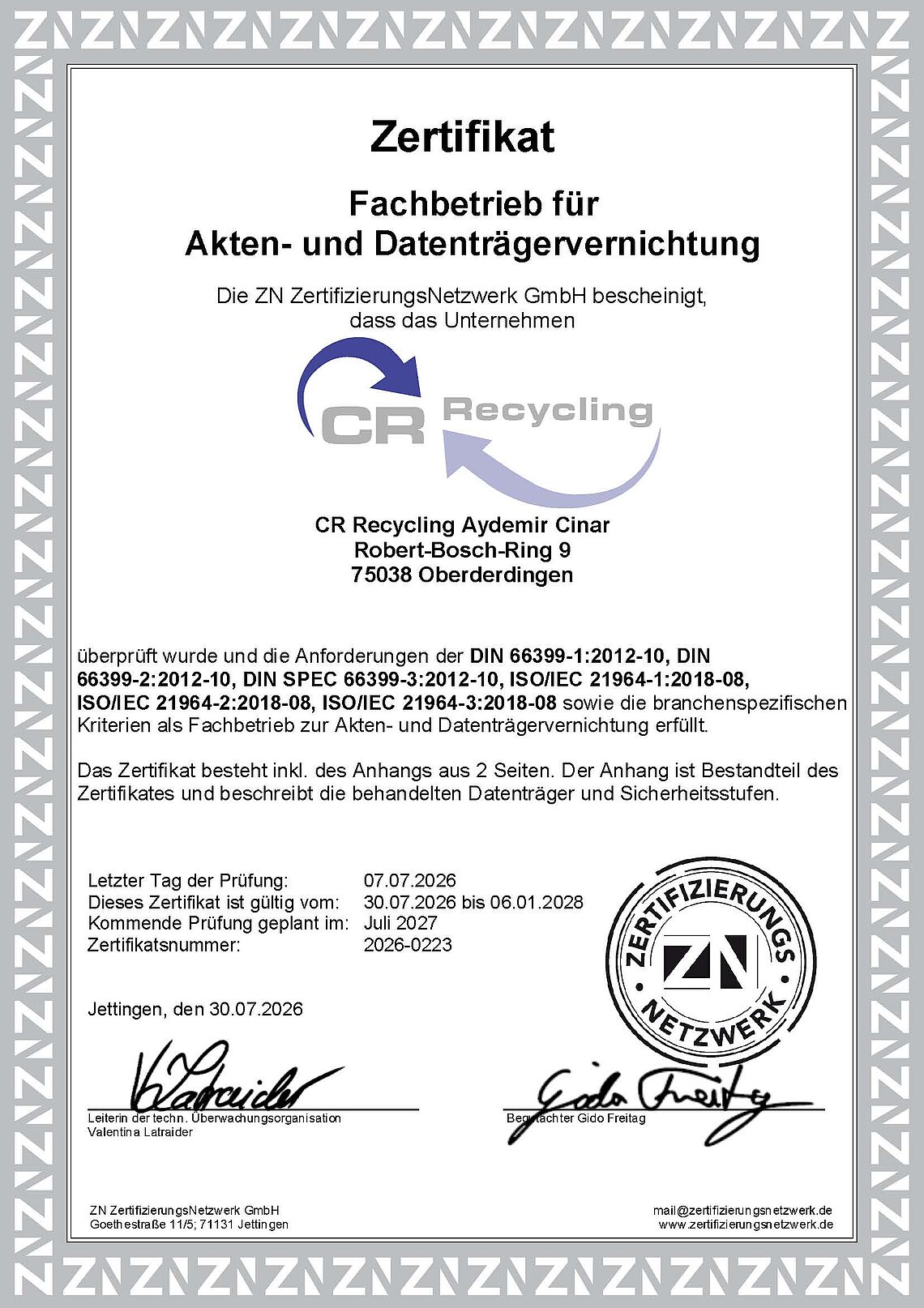Datenvernichtungsfachbetrieb Zertifikat