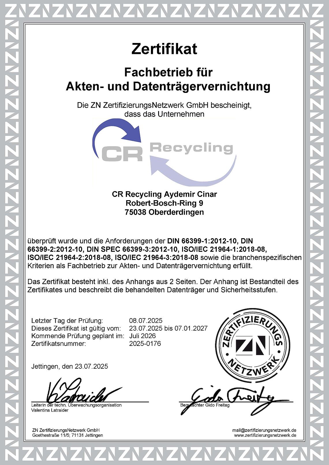 Datenvernichtungsfachbetrieb Zertifikat