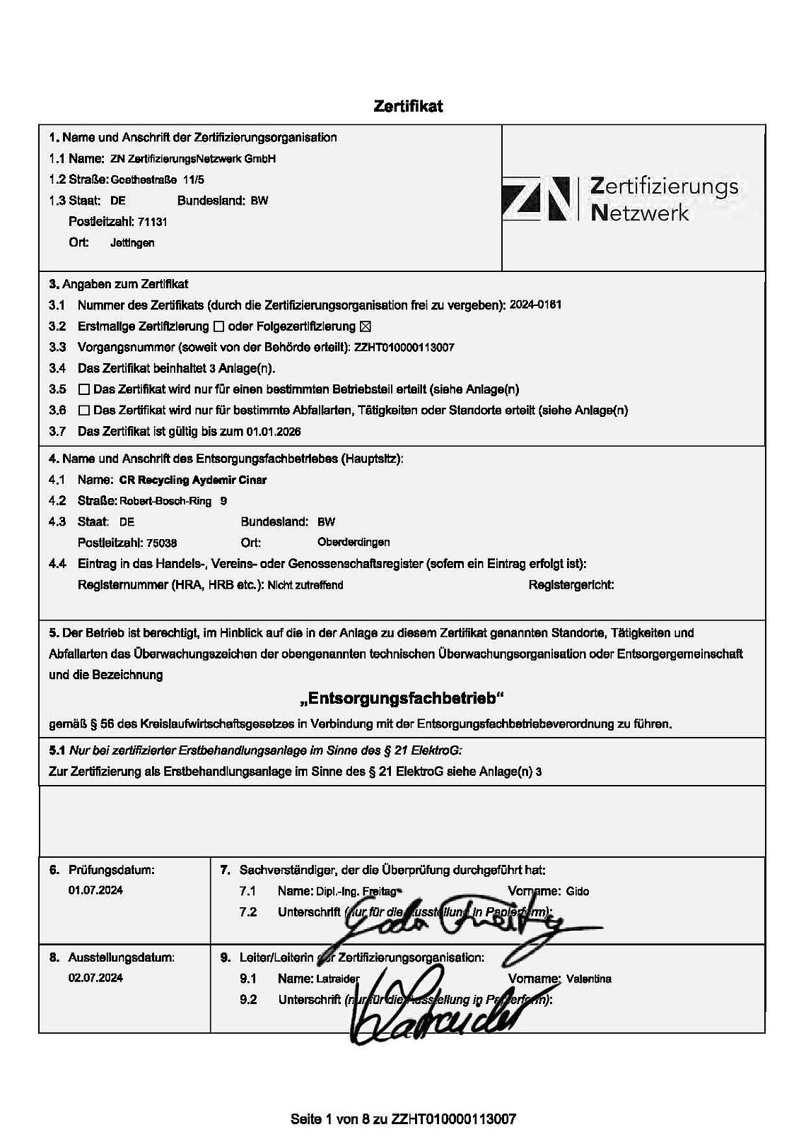 Entsorgungsfachbetrieb Zertifikat