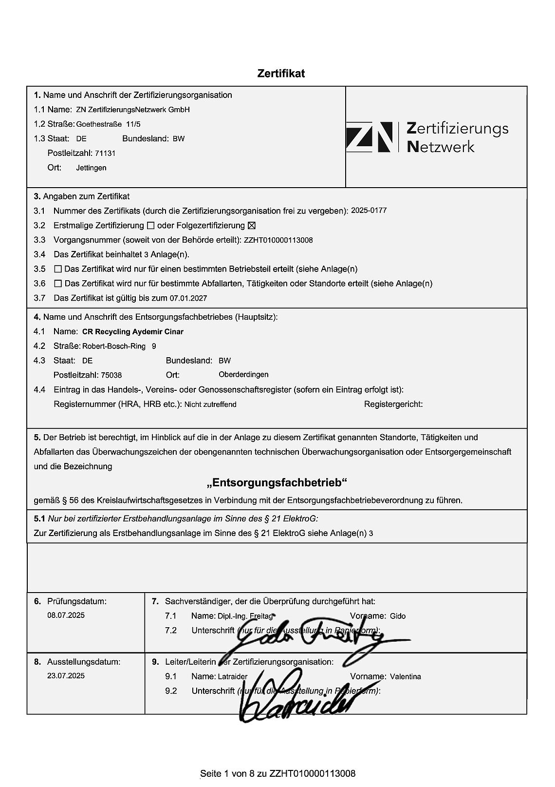 Entsorgungsfachbetrieb Zertifikat
