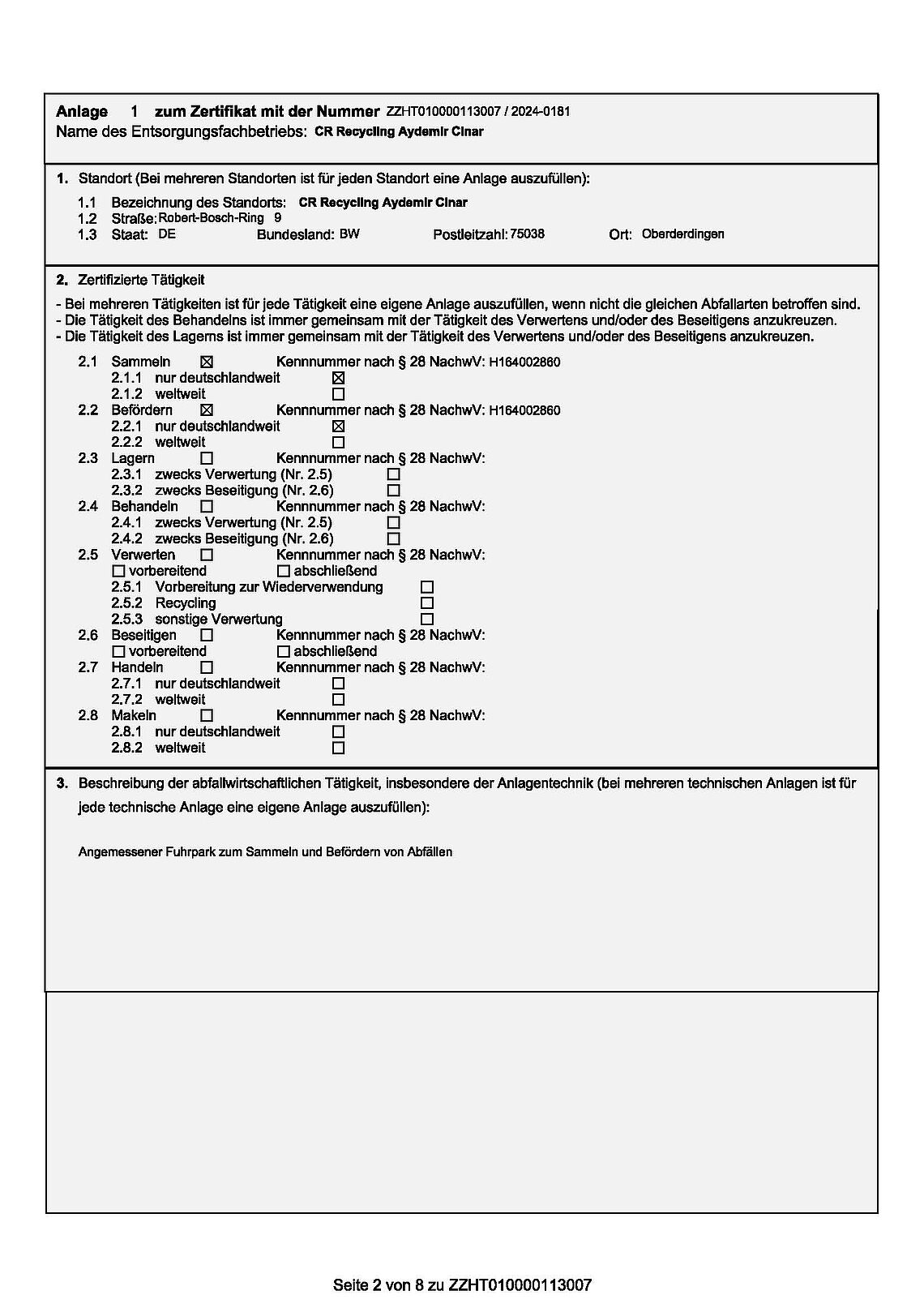 Anlagen zum Entsorgungsfachbetrieb Zertifikat