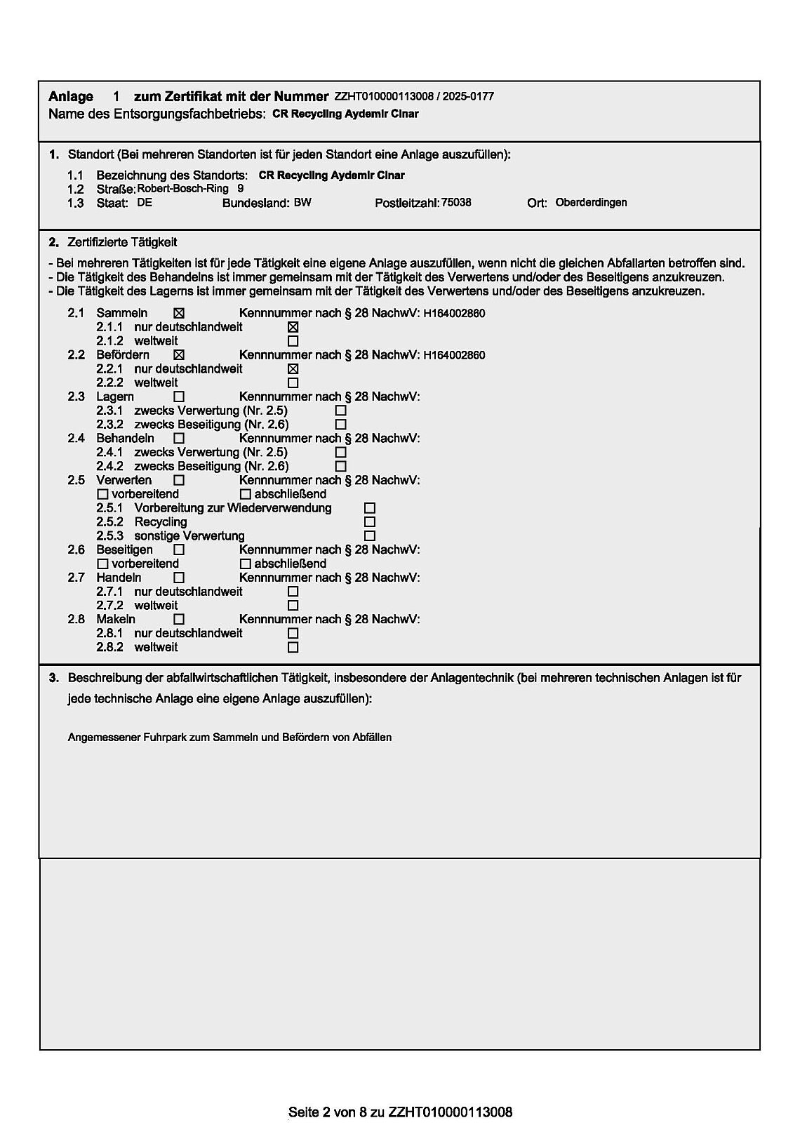 Anlagen zum Entsorgungsfachbetrieb Zertifikat
